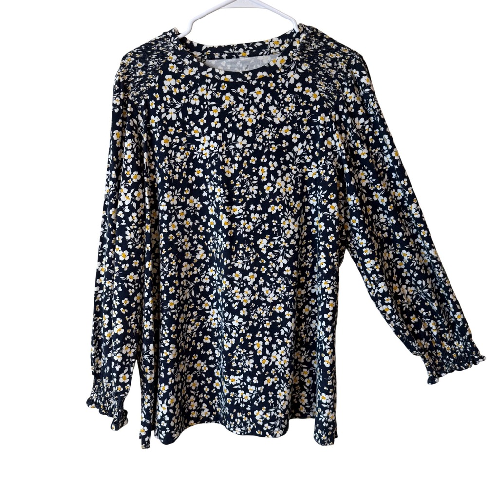J. Jill Smocked Ditsey Floral Tunic Peasant Navy Blue Yellow Cotton Blend XL